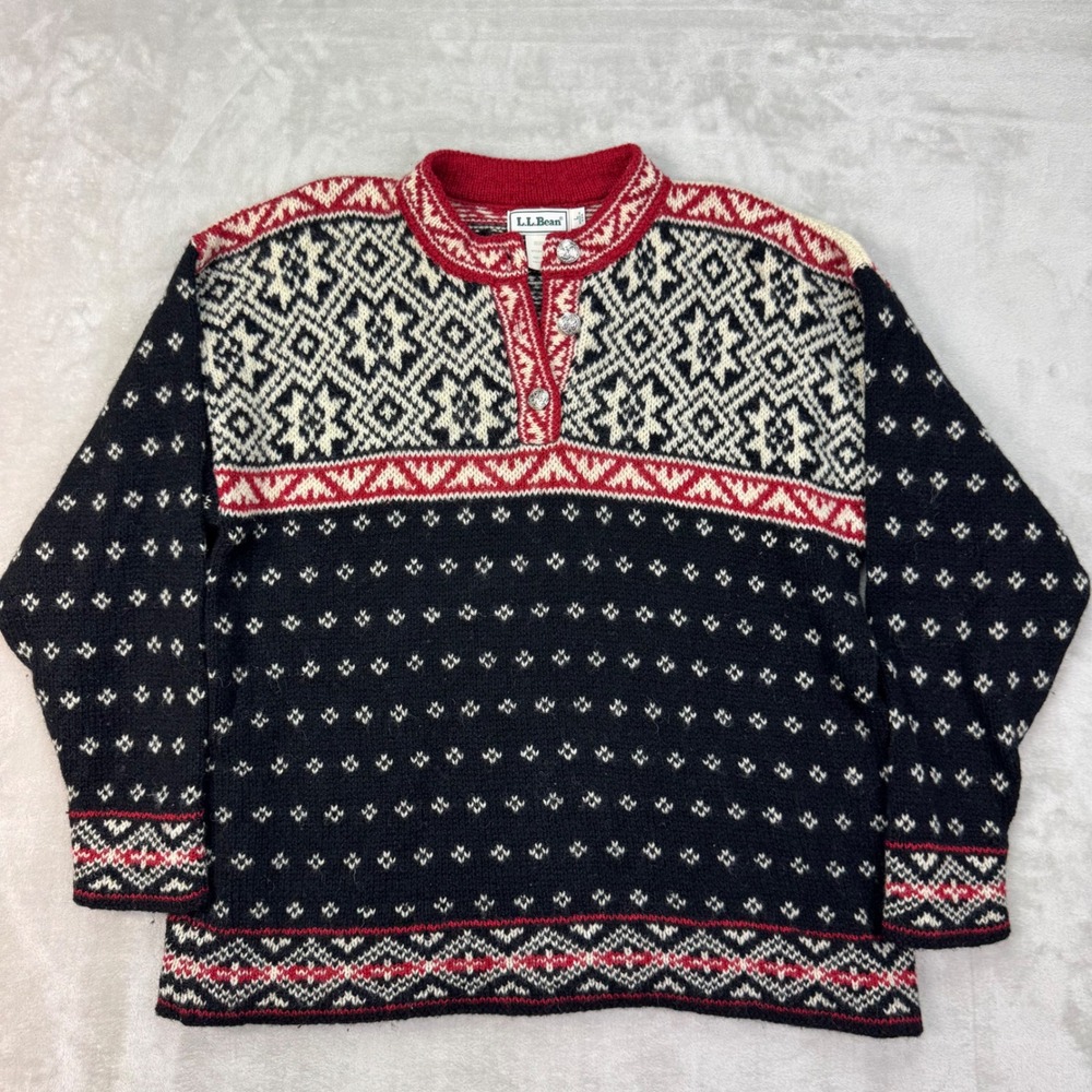 Vintage LL Bean Nordic Wool Sweater Womens L Fair Isle Pewter Button Made USA